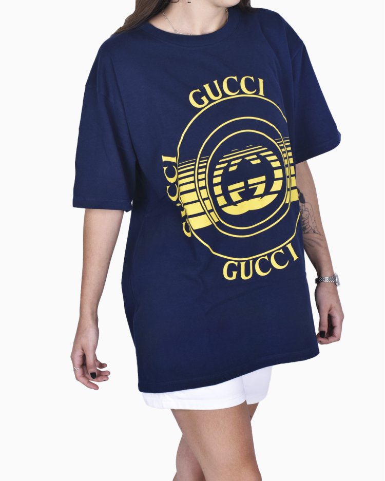 Camiseta Gucci Original Oversized Azul Marinho Com Logo Feminina